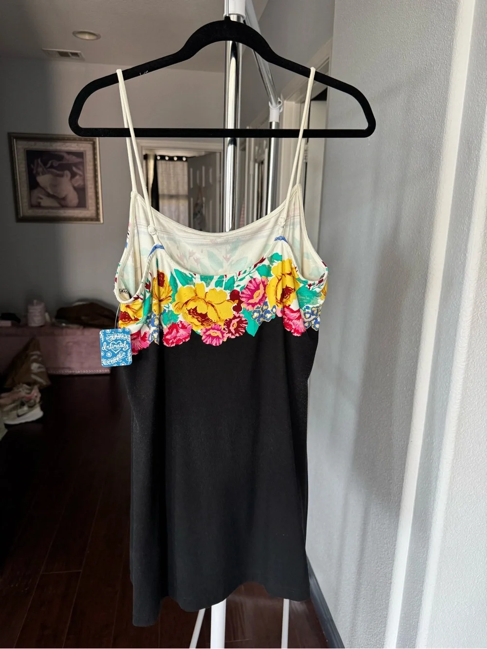 NWT Free People Black Dress with Cream Straps and Multicolor Floral Yoke